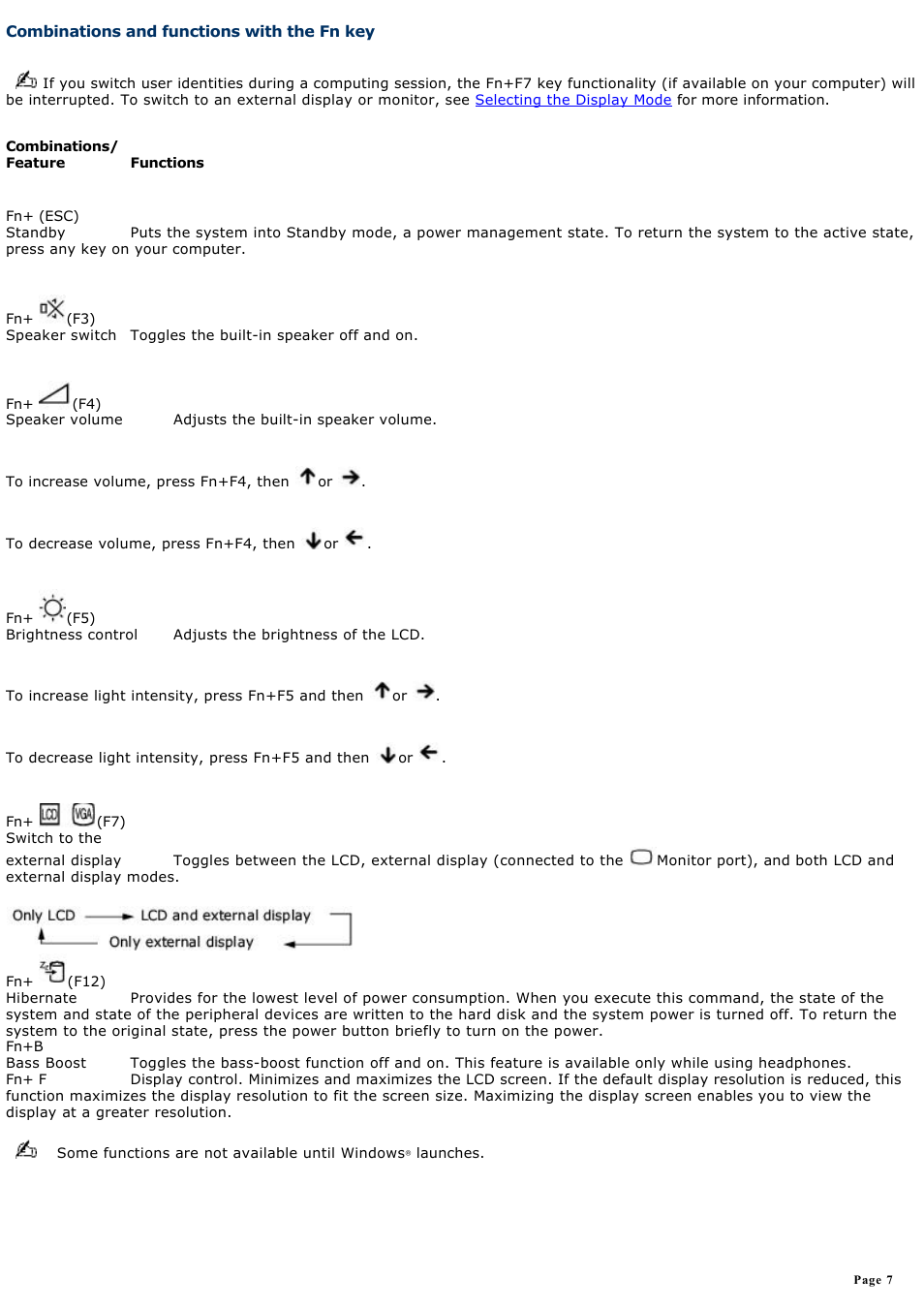 Combinations and functions with the fn key, For more information | Sony PCG-SRX87 User Manual | Page 7 / 177