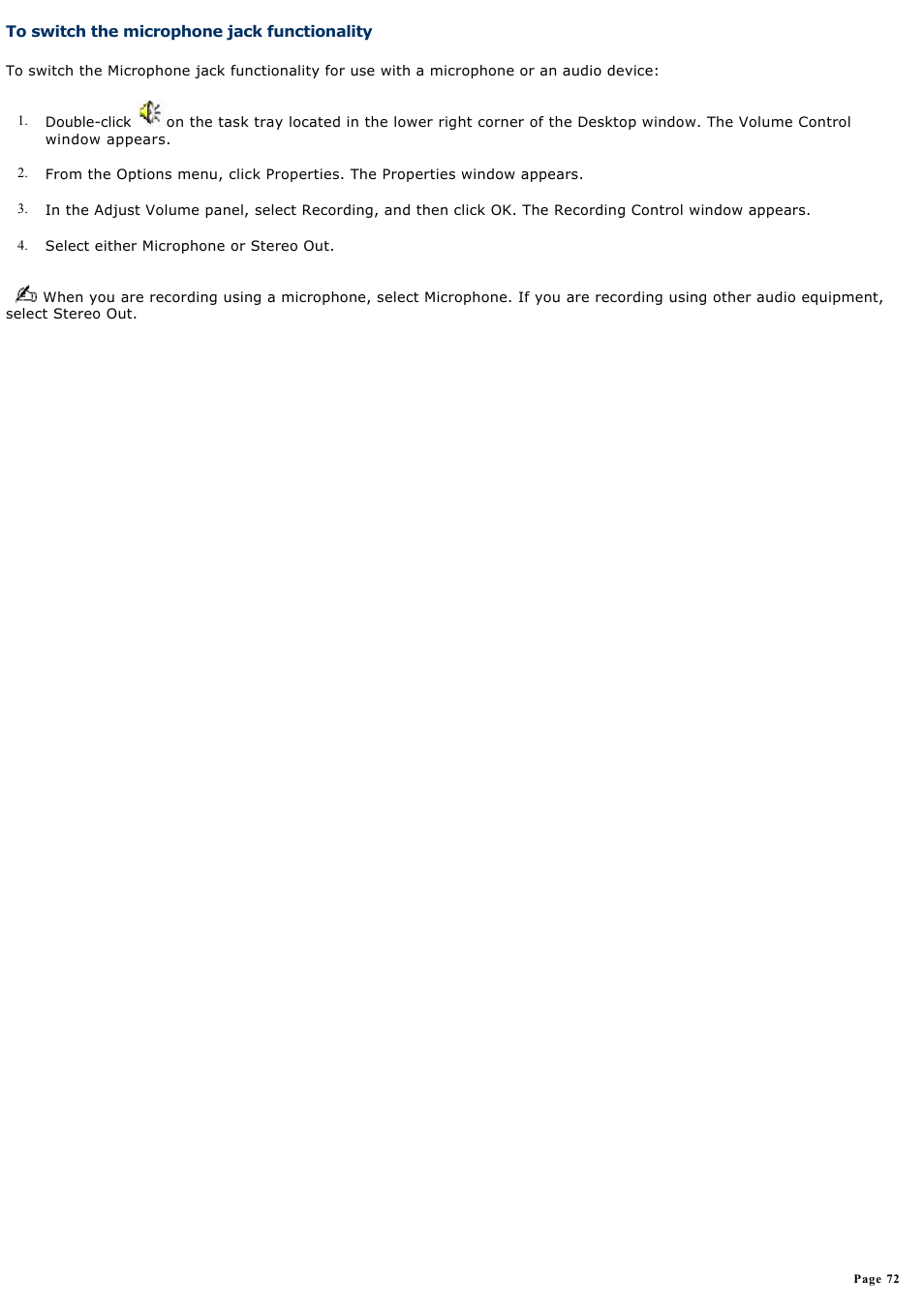 To switch the microphone jack functionality | Sony PCG-SRX87 User Manual | Page 72 / 177