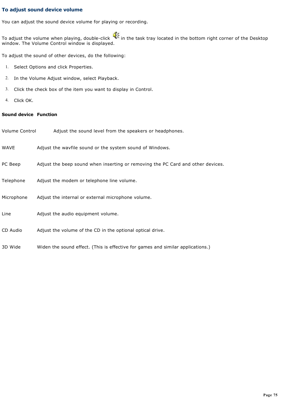 To adjust sound device volume | Sony PCG-SRX87 User Manual | Page 75 / 177