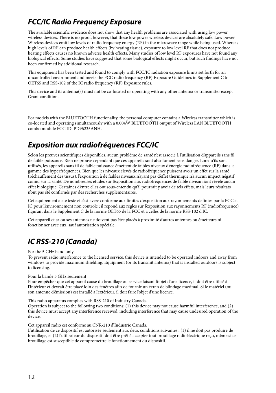 Fcc/ic radio frequency exposure, Exposition aux radiofréquences fcc/ic, Ic rss-210 (canada) | Sony SVS1311ZDZB User Manual | Page 12 / 32