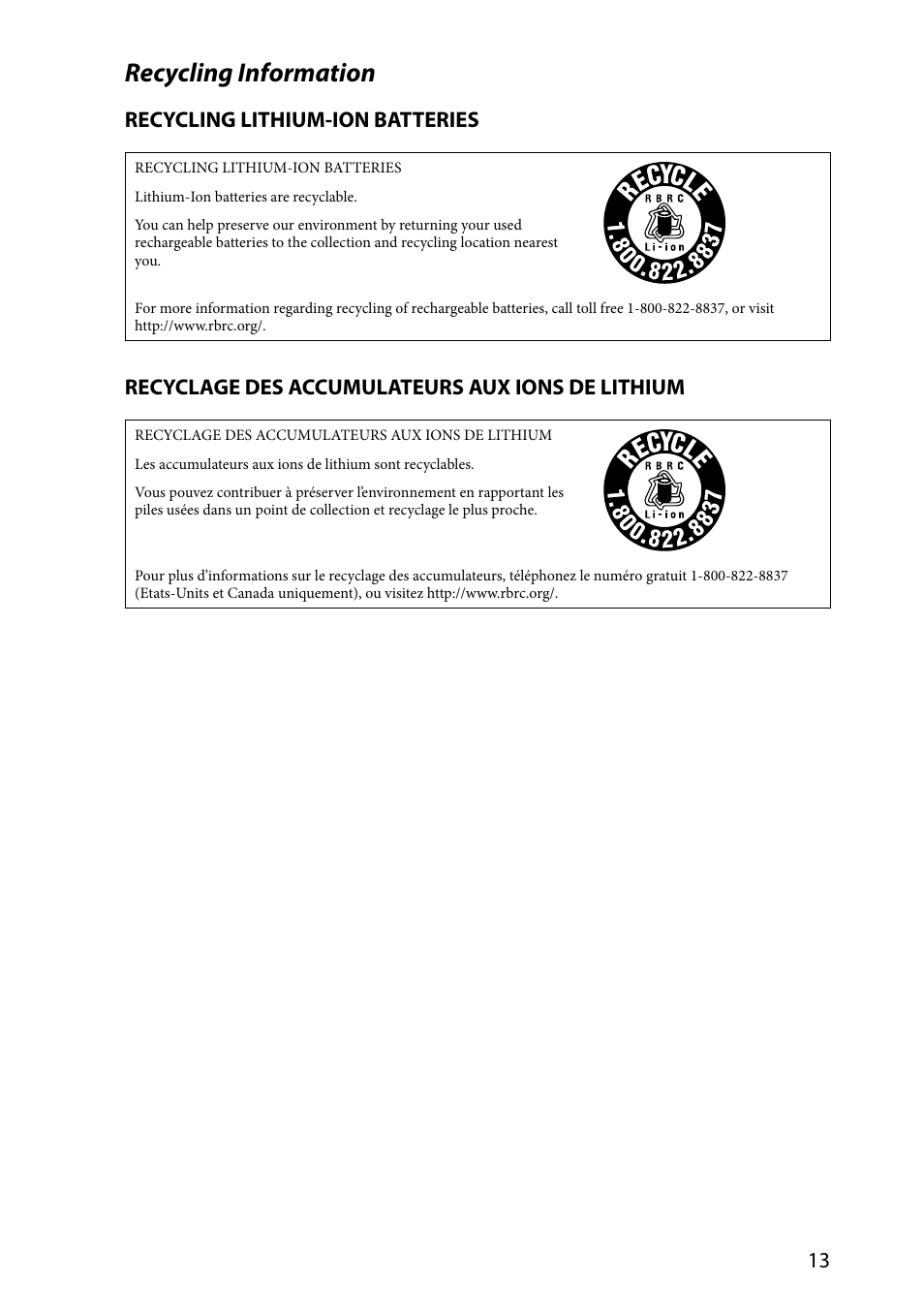 Recycling information, Recycling lithium-ion batteries, Recyclage des accumulateurs aux ions de lithium | Sony SVS1311ZDZB User Manual | Page 13 / 32