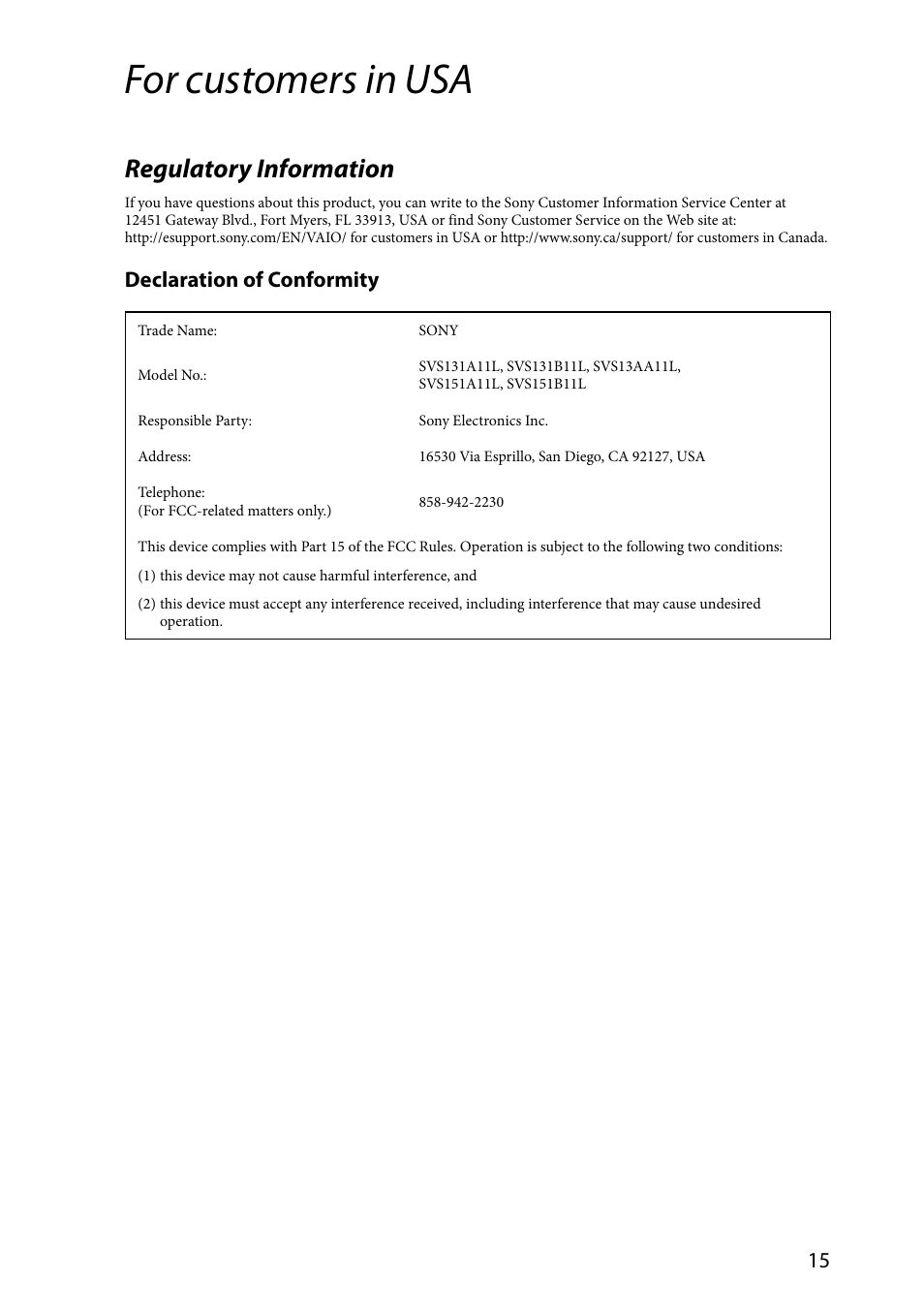 For customers in usa, Regulatory information, Declaration of conformity | Sony SVS1311ZDZB User Manual | Page 15 / 32