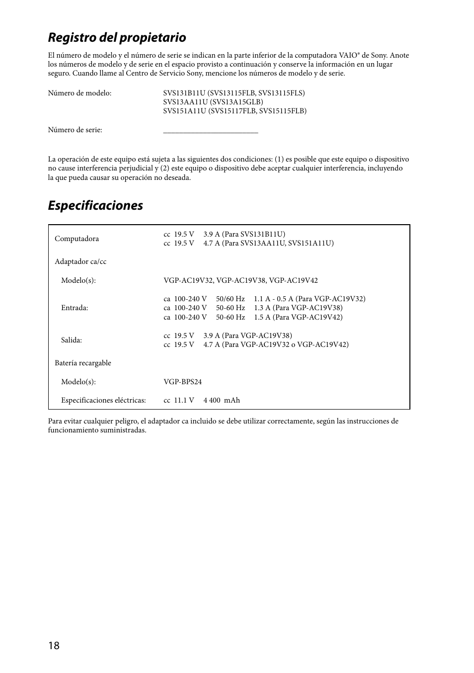 Registro del propietario, Especificaciones | Sony SVS1311ZDZB User Manual | Page 18 / 32