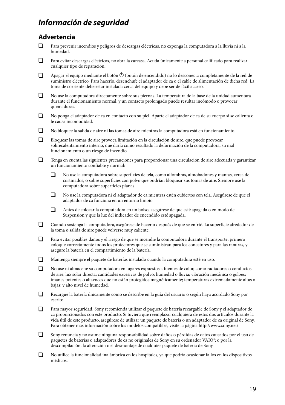 Información de seguridad, Advertencia | Sony SVS1311ZDZB User Manual | Page 19 / 32