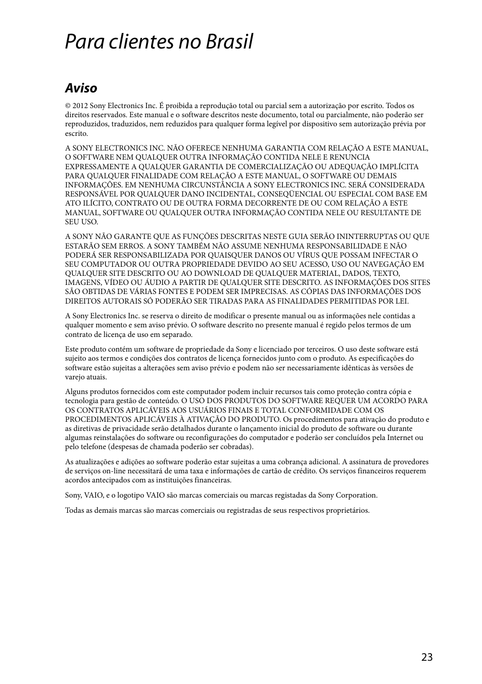 Para clientes no brasil, Aviso | Sony SVS1311ZDZB User Manual | Page 23 / 32