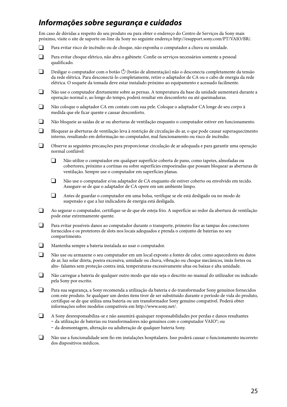 Informações sobre segurança e cuidados | Sony SVS1311ZDZB User Manual | Page 25 / 32