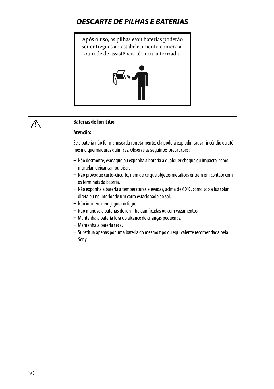 Descarte de pilhas e baterias | Sony SVS1311ZDZB User Manual | Page 30 / 32