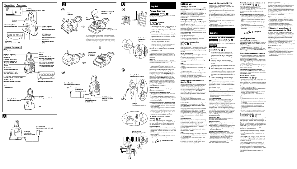 English power sources, Setting up, Español fuentes de alimentación | Configuración, Transmisor transmitter, Receiver receptor, Transmitter (see fig.  ), Receiver to operate on battery (see fig.  – ), Turning on the power, Setting the frequency channels | Sony NTM-910 User Manual | Page 2 / 2