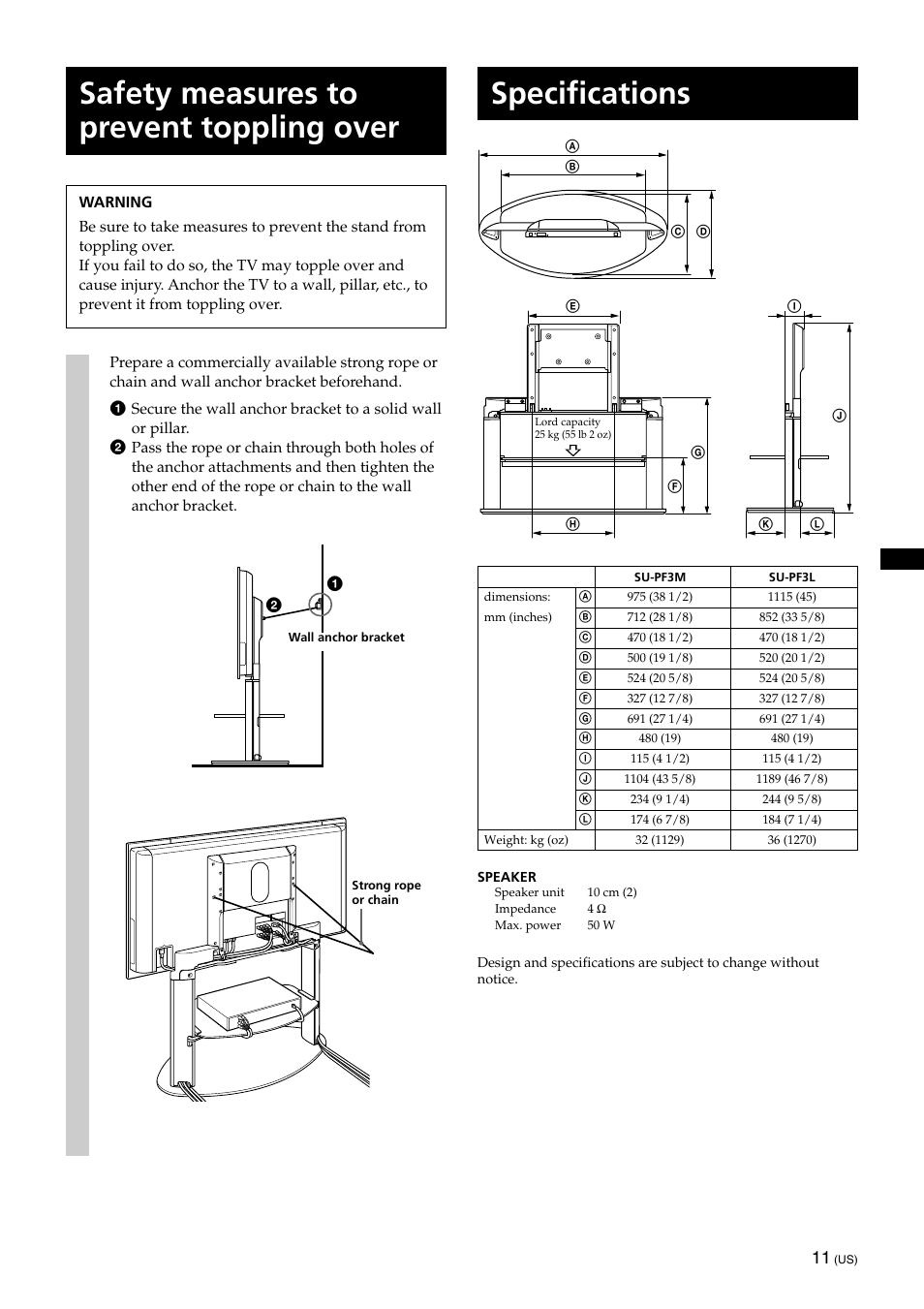 Safety measures to prevent toppling over, Specifications | Sony KDE-42XS955 User Manual | Page 11 / 36