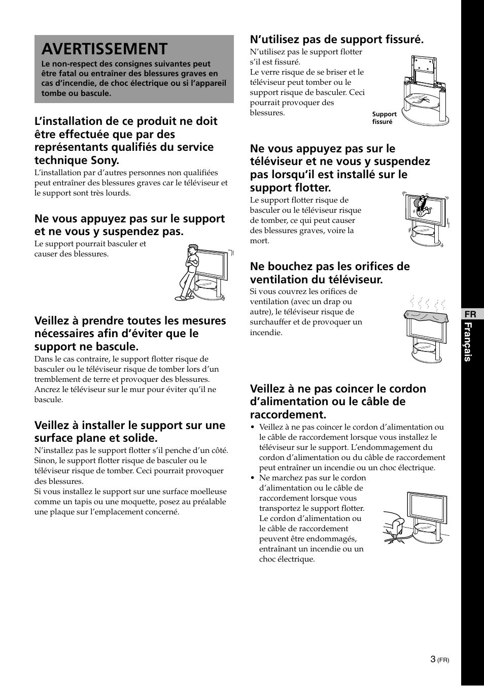 Avertissement, N’utilisez pas de support fissuré | Sony KDE-42XS955 User Manual | Page 13 / 36