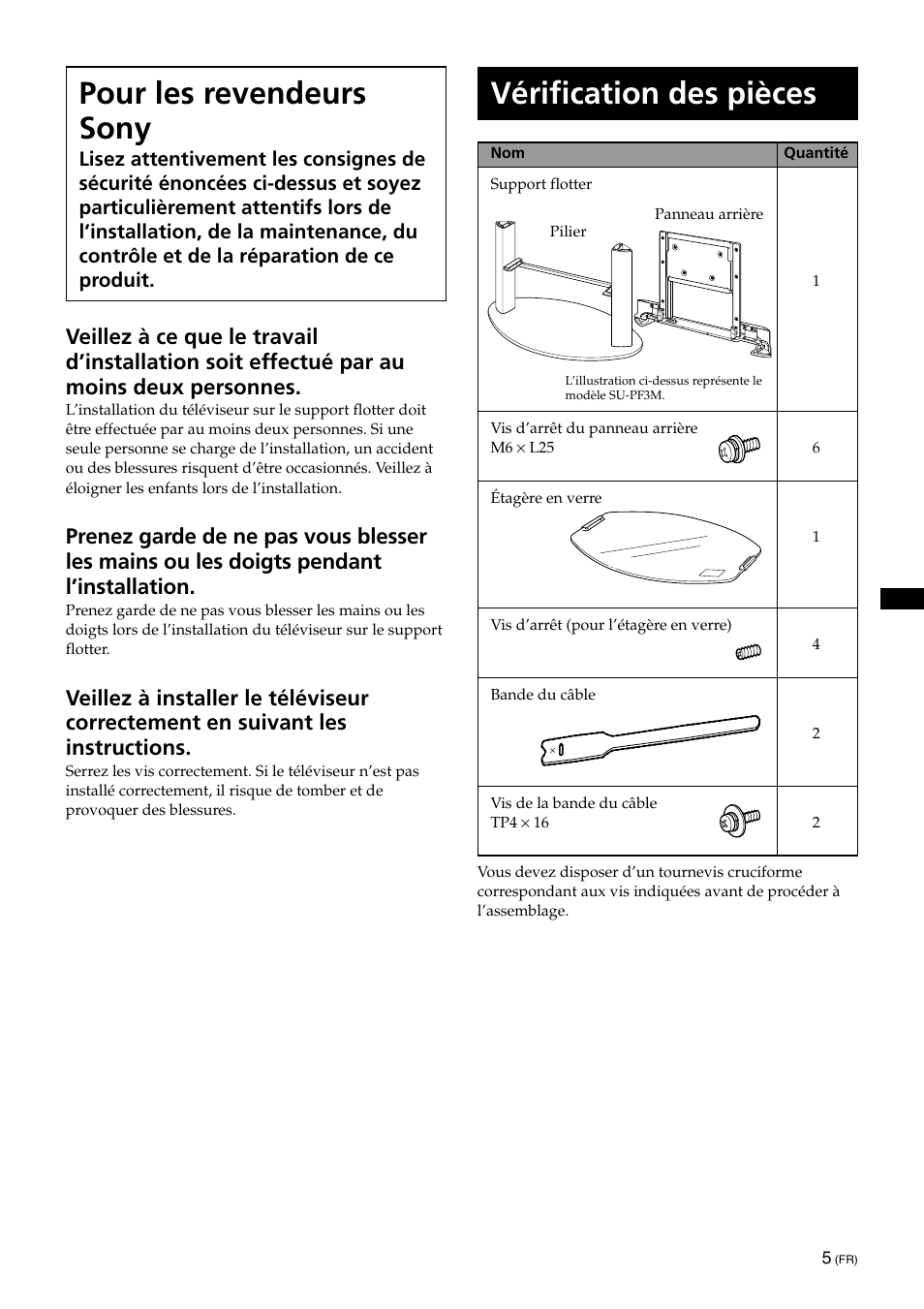 Instructions, Verification des pieces, Vérification des pièces | Pour les revendeurs sony | Sony KDE-42XS955 User Manual | Page 15 / 36