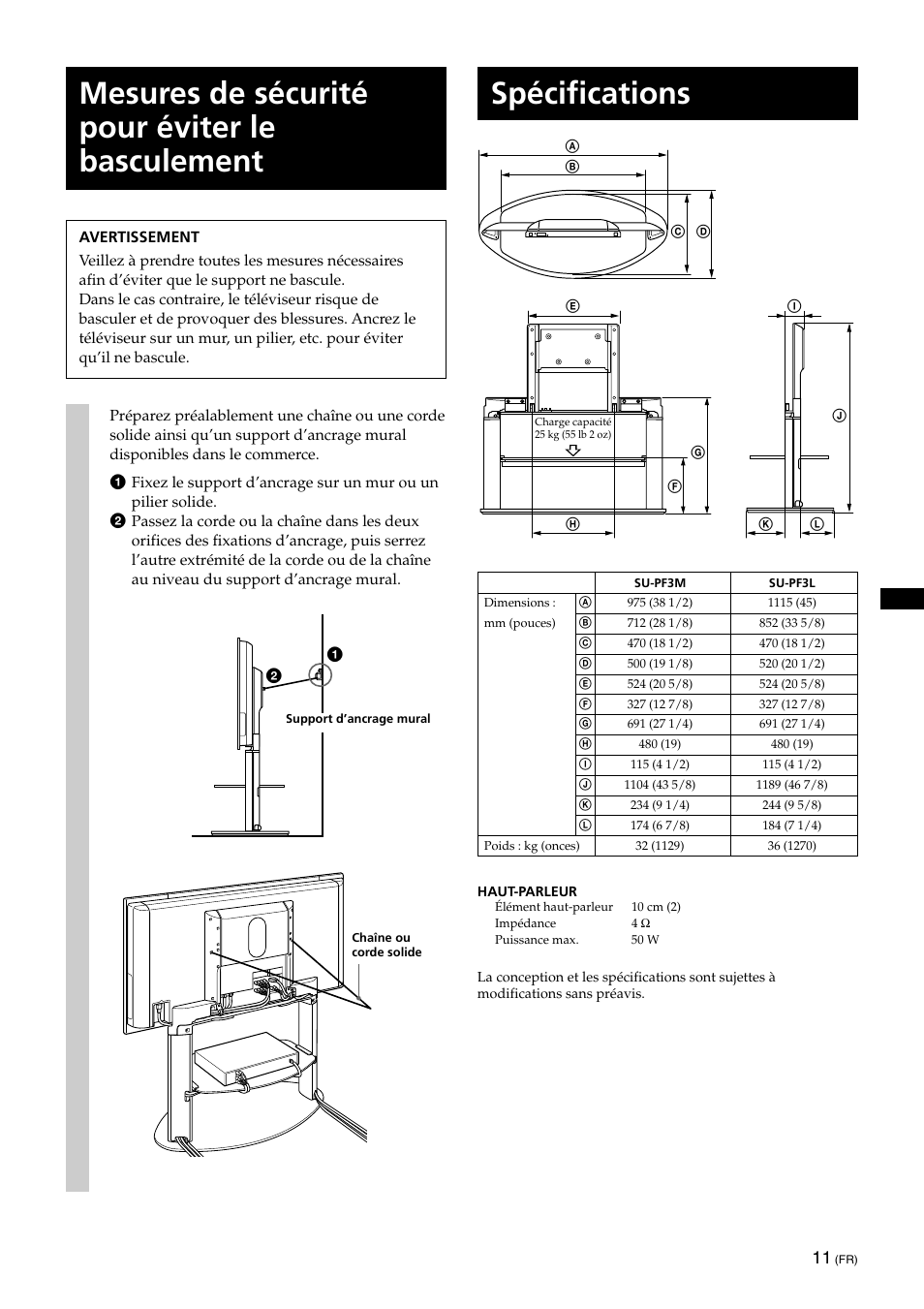 Mesures de securite pour eviter le basculement, Specifications, Spécifications | Mesures de sécurité pour éviter le basculement | Sony KDE-42XS955 User Manual | Page 21 / 36