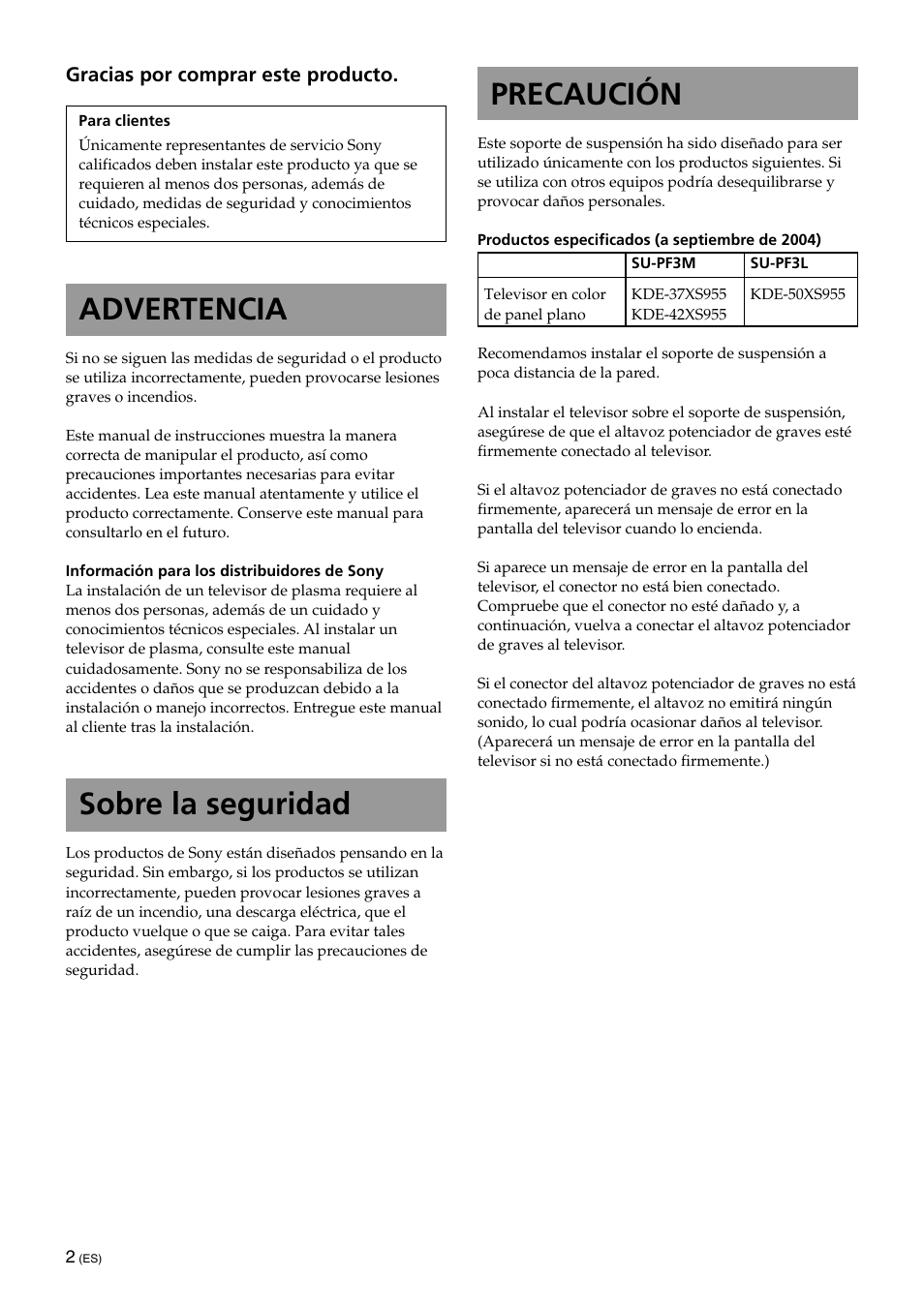 Advertencia, Sobre la seguridad, Precaución | Sony KDE-42XS955 User Manual | Page 22 / 36