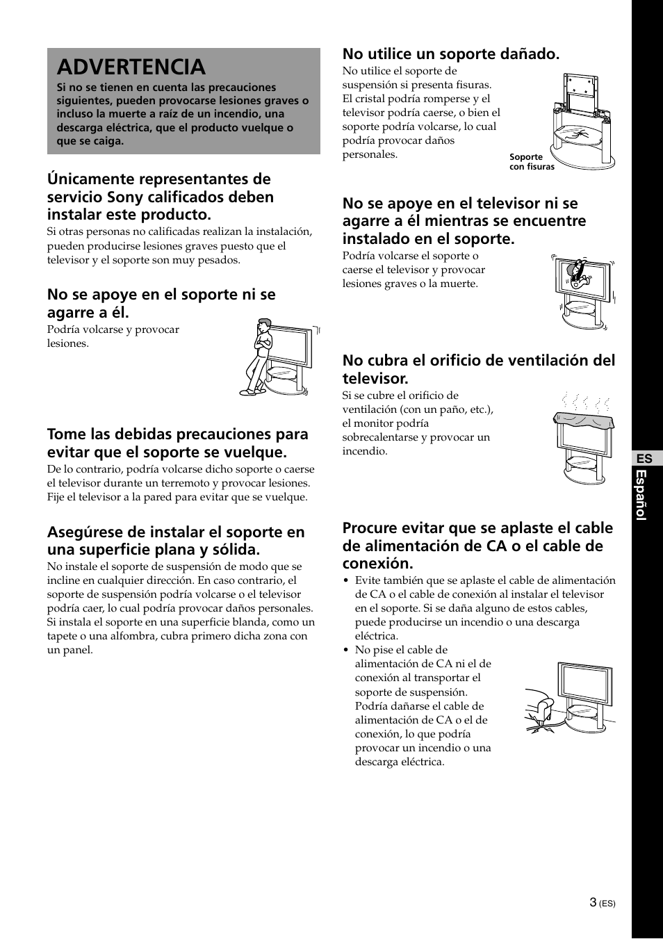 Advertencia, No se apoye en el soporte ni se agarre a él, No utilice un soporte dañado | No cubra el orificio de ventilación del televisor | Sony KDE-42XS955 User Manual | Page 23 / 36