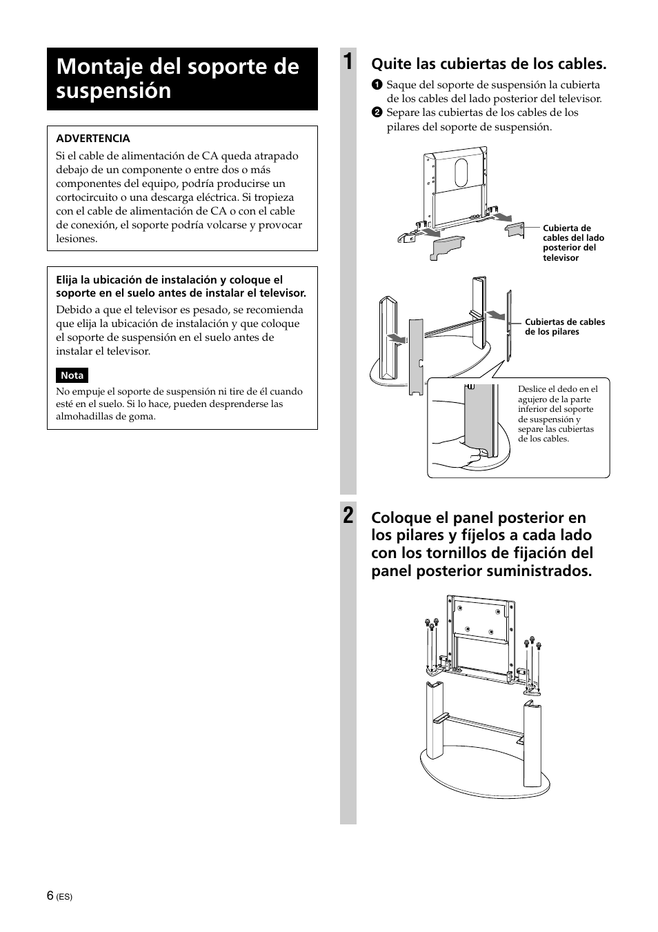 Montaje del soporte de suspension, Montaje del soporte de suspensión, Quite las cubiertas de los cables | Sony KDE-42XS955 User Manual | Page 26 / 36