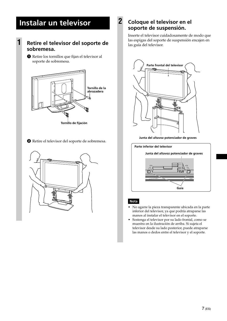 Instalar un televisor, Instalar un televisor 1, Coloque el televisor en el soporte de suspensión | Retire el televisor del soporte de sobremesa | Sony KDE-42XS955 User Manual | Page 27 / 36