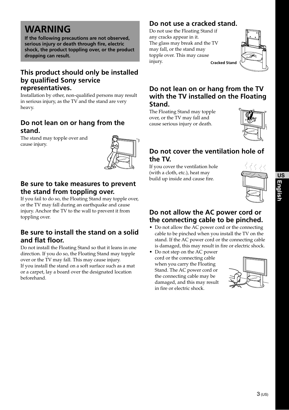 Warning, Do not lean on or hang from the stand, Do not use a cracked stand | Do not cover the ventilation hole of the tv | Sony KDE-42XS955 User Manual | Page 3 / 36