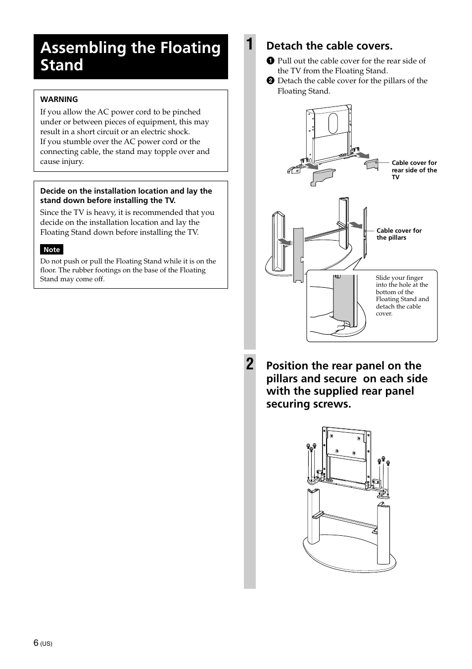 Assembling the floating stand, Detach the cable covers | Sony KDE-42XS955 User Manual | Page 6 / 36