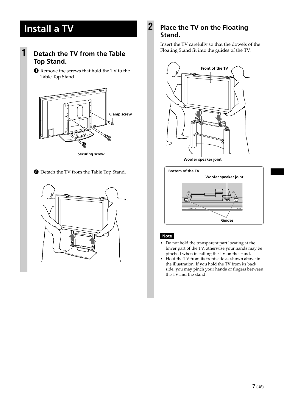 Install a tv, Install a tv 1, Place the tv on the floating stand | Detach the tv from the table top stand | Sony KDE-42XS955 User Manual | Page 7 / 36