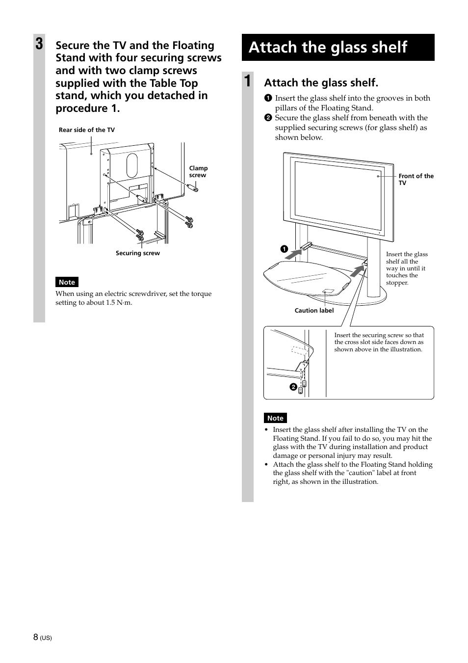 Attach the glass shelf, Attach the glass shelf 1 | Sony KDE-42XS955 User Manual | Page 8 / 36