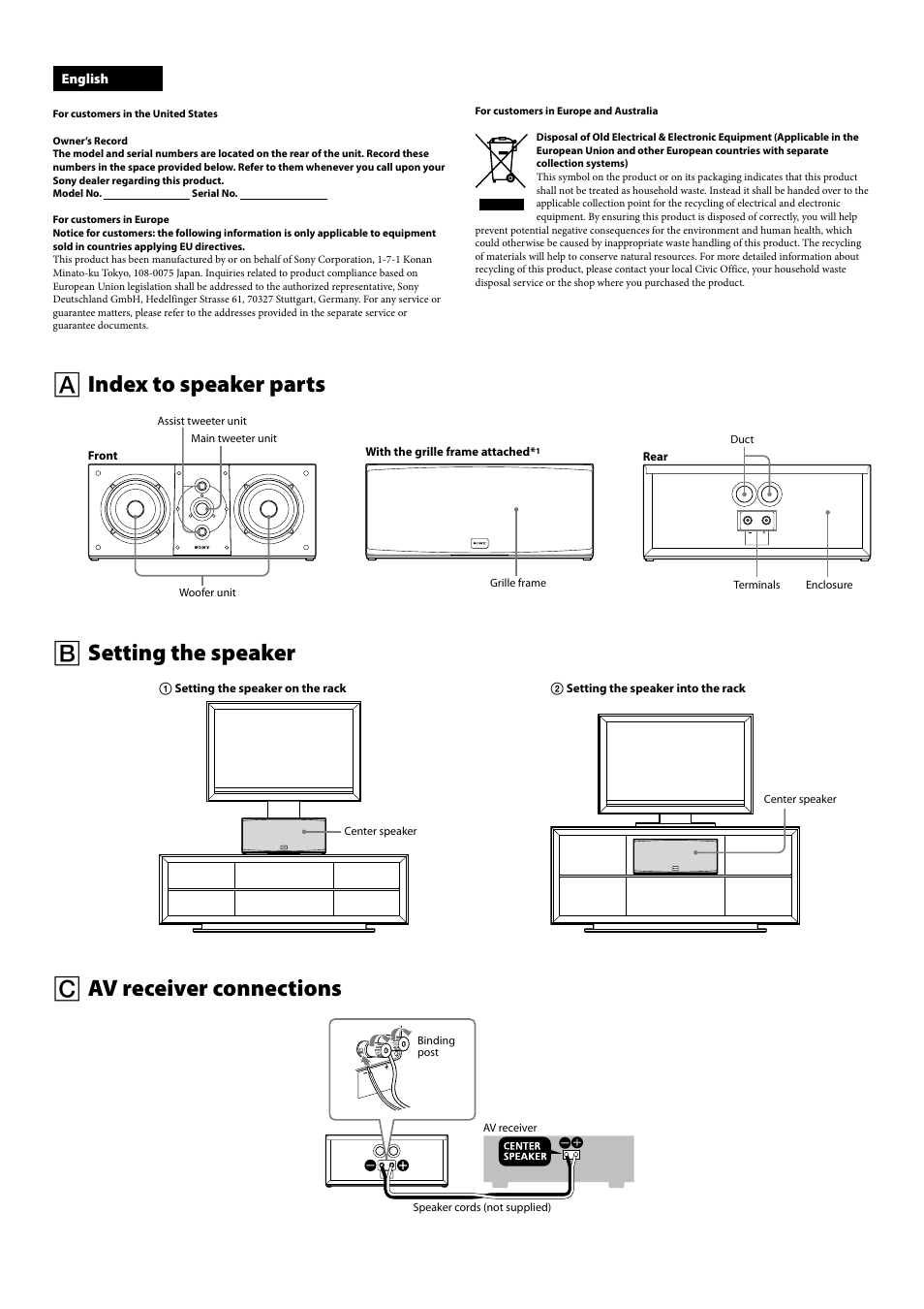 Index to speaker parts, Setting the speaker, Av receiver connections | Sony SS-NA8ES User Manual | Page 2 / 8