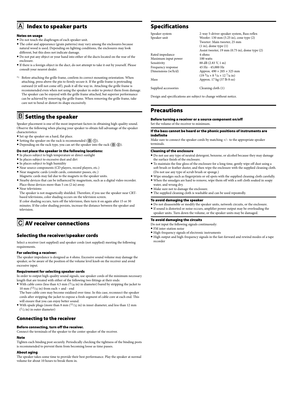 Index to speaker parts, Setting the speaker, Av receiver connections | Specifications, Precautions, Selecting the receiver/speaker cords, Connecting to the receiver | Sony SS-NA8ES User Manual | Page 3 / 8