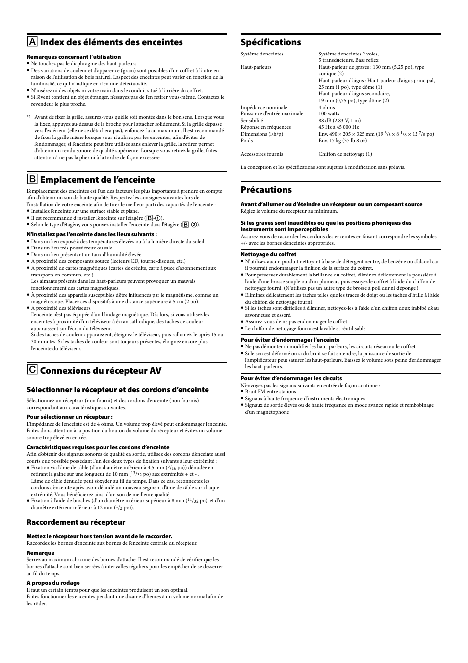 Index des éléments des enceintes, Emplacement de l’enceinte, Connexions du récepteur av | Spécifications, Précautions, Raccordement au récepteur | Sony SS-NA8ES User Manual | Page 5 / 8