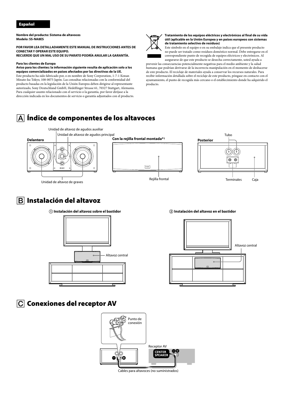 Índice de componentes de los altavoces, Instalación del altavoz, Conexiones del receptor av | Sony SS-NA8ES User Manual | Page 6 / 8