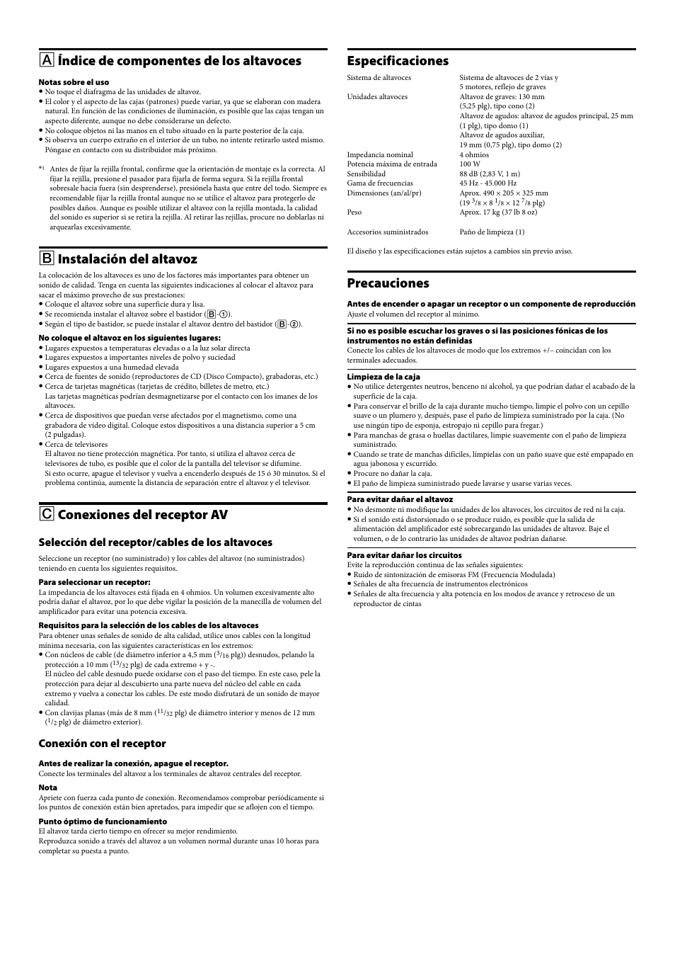 Índice de componentes de los altavoces, Instalación del altavoz, Conexiones del receptor av | Especificaciones, Precauciones, Selección del receptor/cables de los altavoces, Conexión con el receptor | Sony SS-NA8ES User Manual | Page 7 / 8