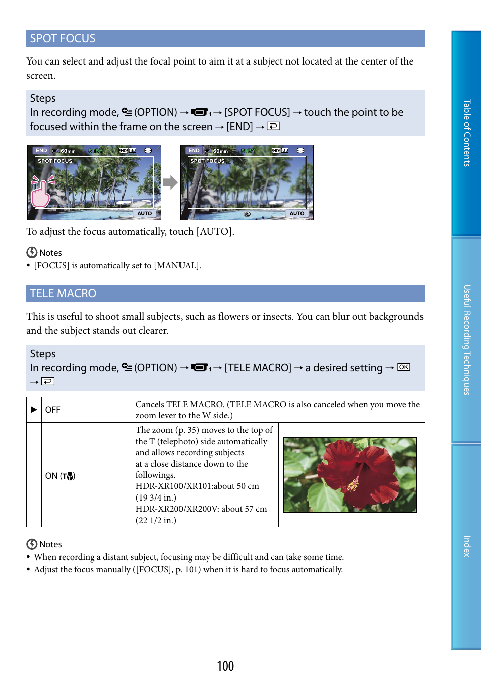 O (100), Spot focus, Tele macro | Sony HDR-XR200V User Manual | Page 100 / 133