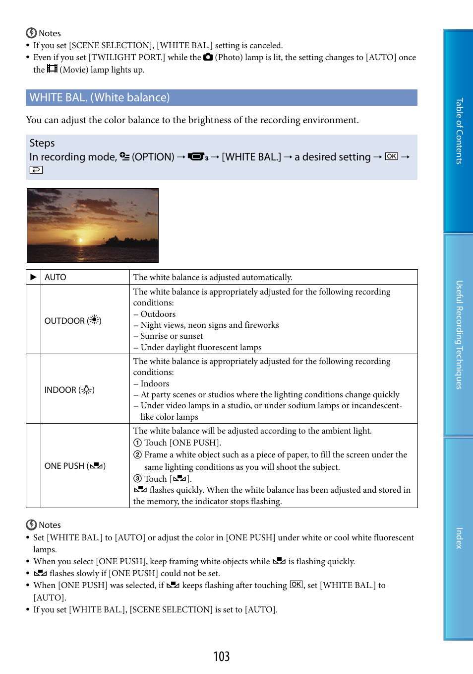 Ce (103), White bal. (white balance), Steps in recording mode, (option) | White bal, A desired setting | Sony HDR-XR200V User Manual | Page 103 / 133