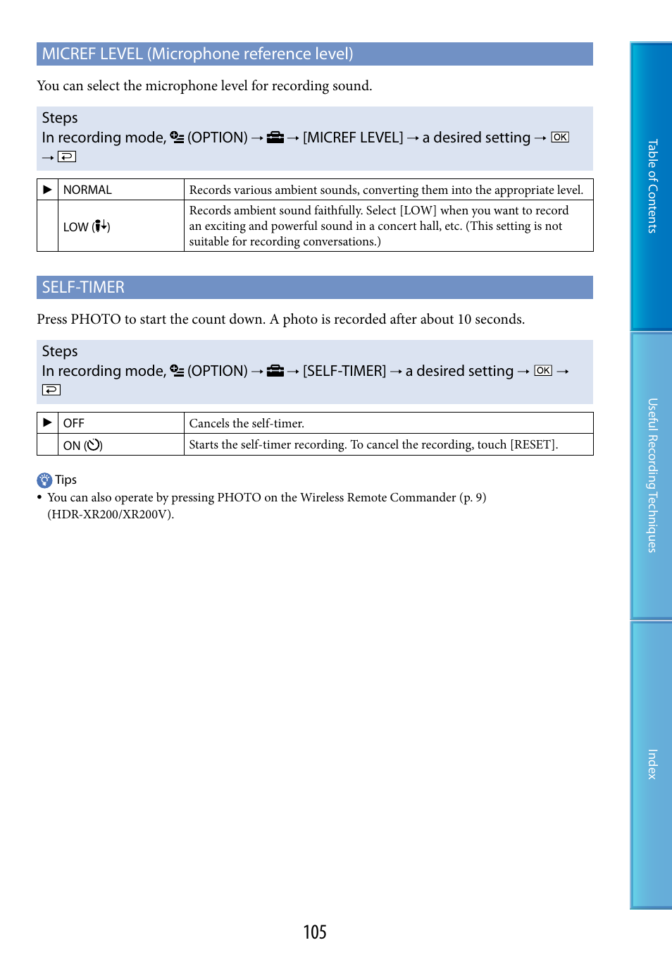 G (105), W (105), Micref level (microphone reference level) | Self-timer | Sony HDR-XR200V User Manual | Page 105 / 133