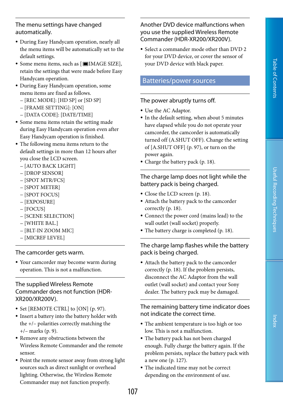 Batteries/power sources | Sony HDR-XR200V User Manual | Page 107 / 133