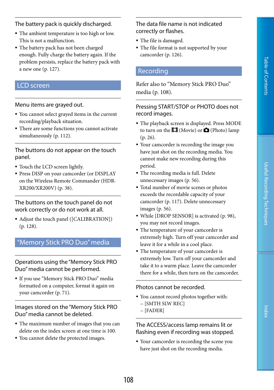 Lcd screen, Memory stick pro duo” media, Recording | Sony HDR-XR200V User Manual | Page 108 / 133