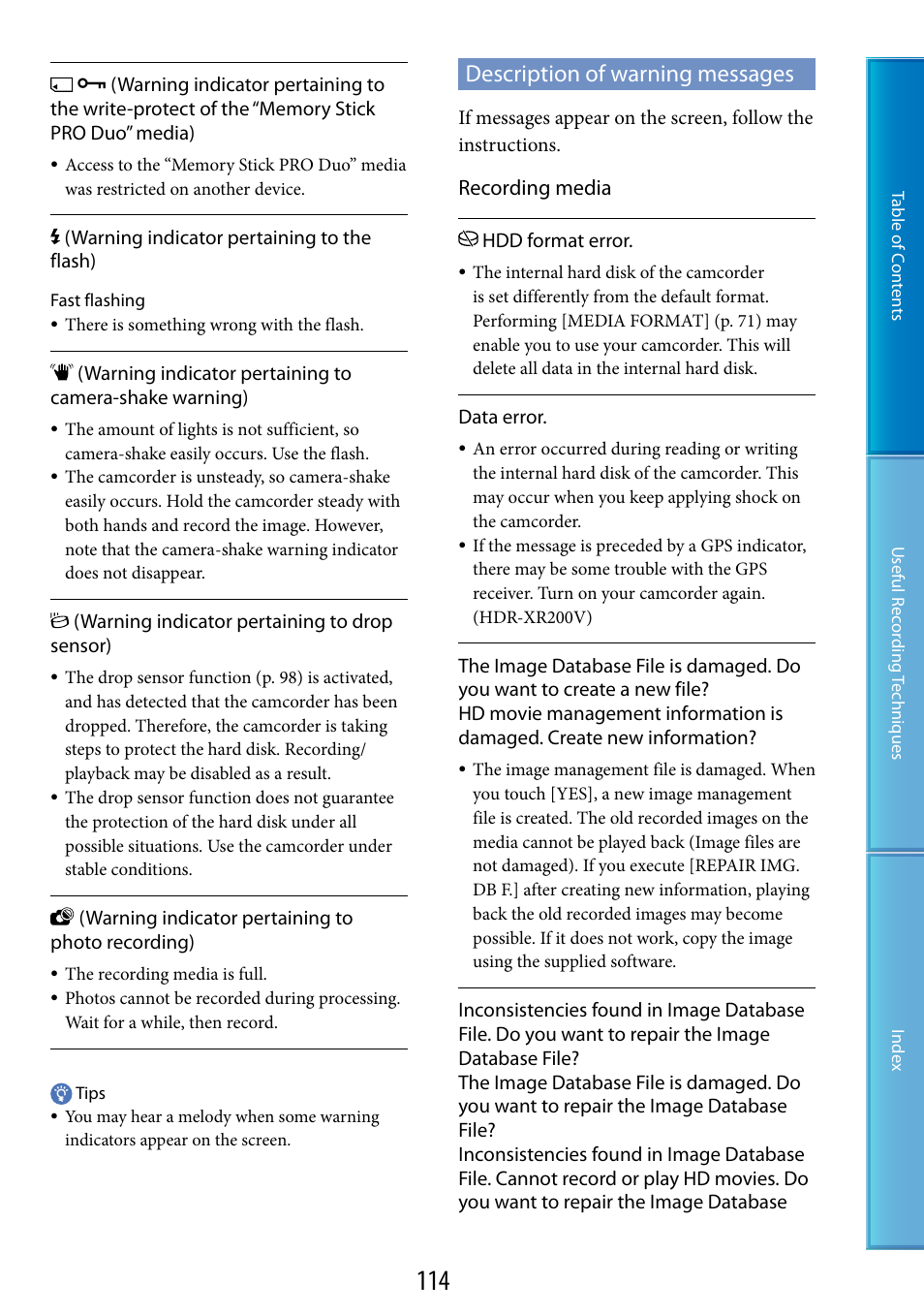 Description of warning messages, Recording media | Sony HDR-XR200V User Manual | Page 114 / 133