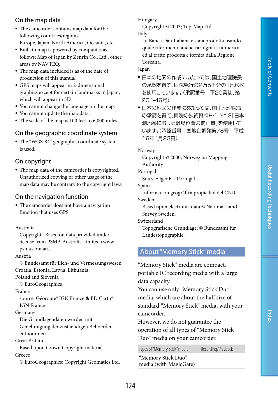 About “memory stick” media, On the map data, On the geographic coordinate system | On copyright, On the navigation function | Sony HDR-XR200V User Manual | Page 124 / 133