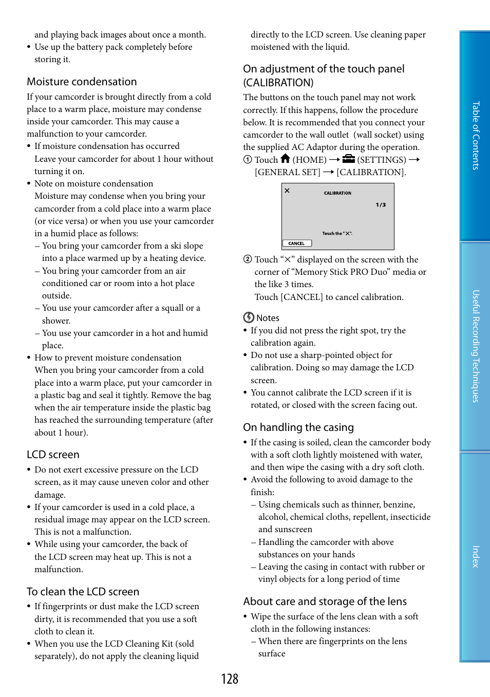 Moisture condensation, Lcd screen, On adjustment of the touch panel (calibration) | On handling the casing, About care and storage of the lens | Sony HDR-XR200V User Manual | Page 128 / 133