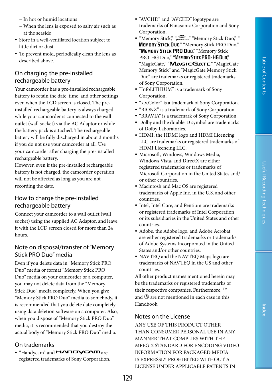 On charging the pre-installed rechargeable battery, On trademarks | Sony HDR-XR200V User Manual | Page 129 / 133