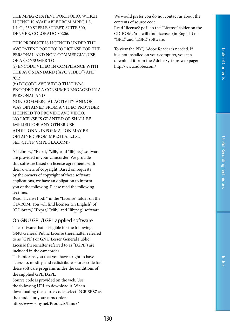 On gnu gpl/lgpl applied software | Sony HDR-XR200V User Manual | Page 130 / 133