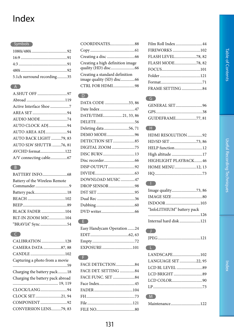 Index | Sony HDR-XR200V User Manual | Page 131 / 133