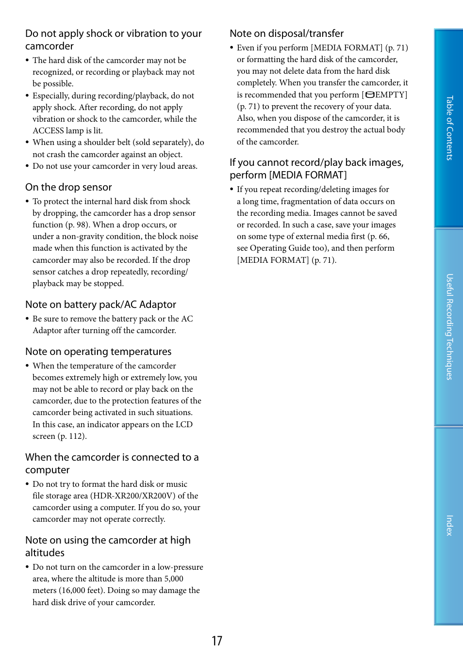 Do not apply shock or vibration to your camcorder, On the drop sensor, When the camcorder is connected to a computer | Sony HDR-XR200V User Manual | Page 17 / 133