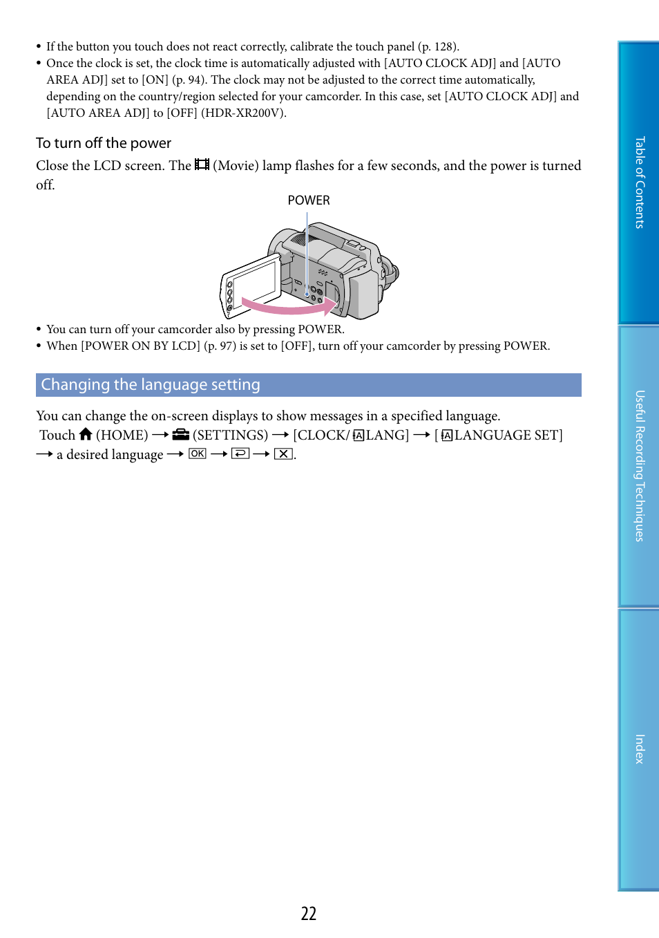 Changing the language setting | Sony HDR-XR200V User Manual | Page 22 / 133