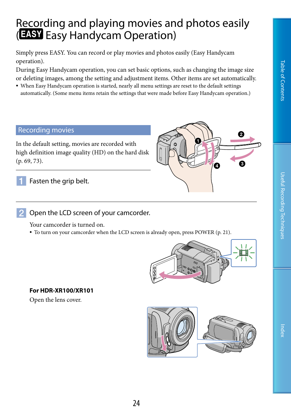 Recording movies, Recording and playing movies and photos easily, Easy handycam operation) | Ch (24, 31), Ip belt (24, 31) | Sony HDR-XR200V User Manual | Page 24 / 133