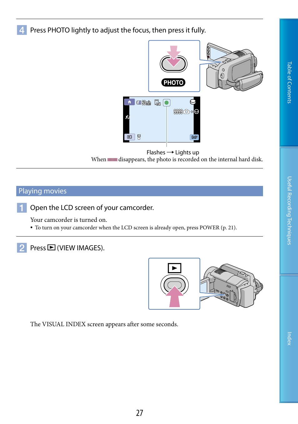Playing movies, On (27, 40), On (27, 34) | De (27, 40), D) (27, 40), E (27, 40) | Sony HDR-XR200V User Manual | Page 27 / 133