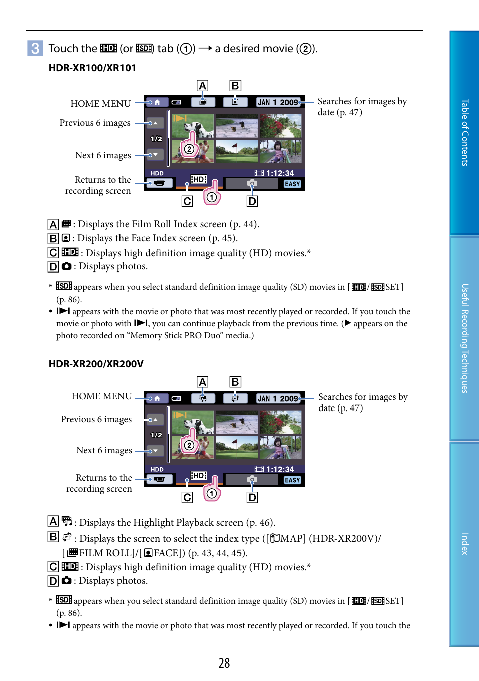 Touch the (or ) tab ()  a desired movie () | Sony HDR-XR200V User Manual | Page 28 / 133