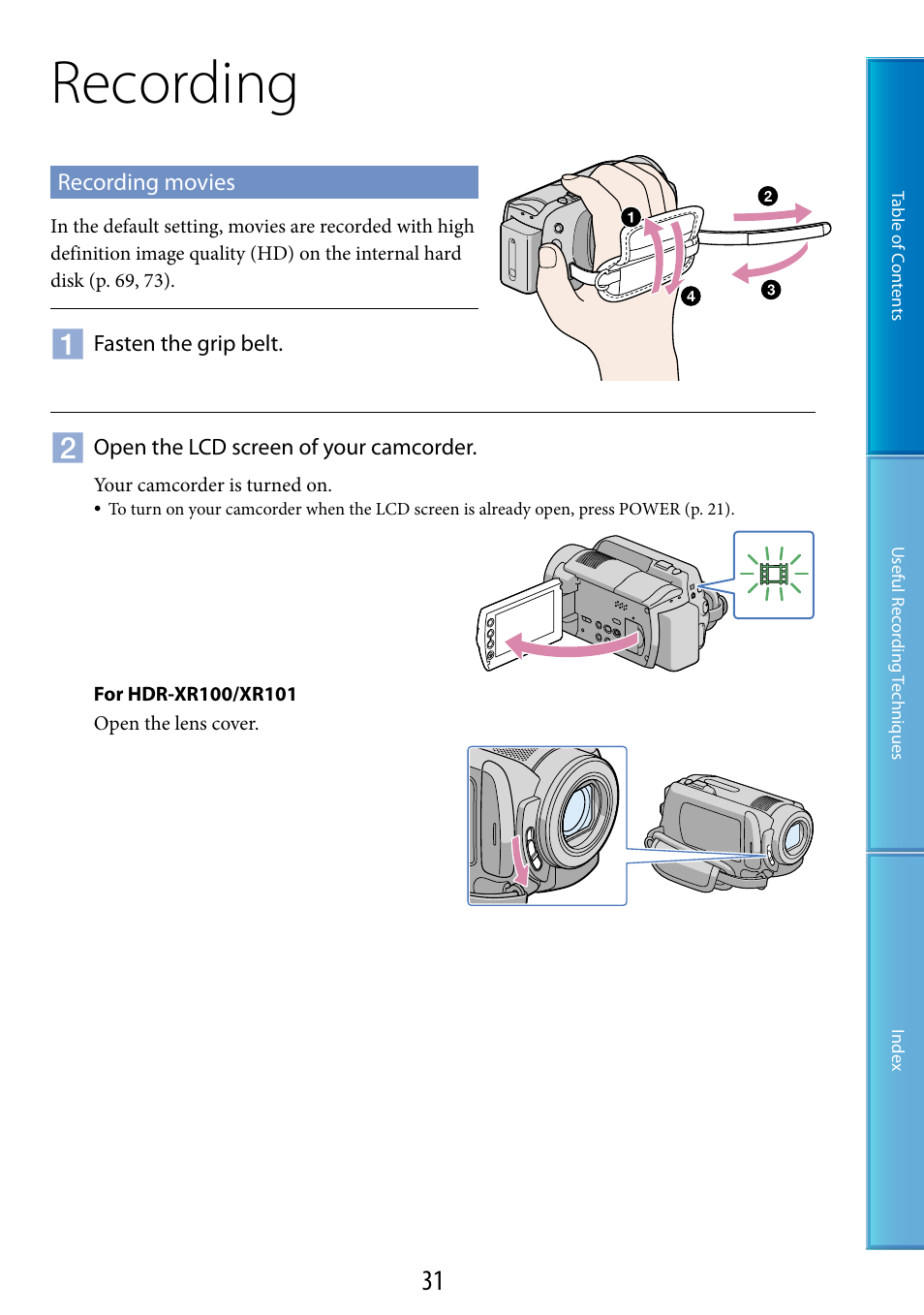 Recording, Recording movies | Sony HDR-XR200V User Manual | Page 31 / 133