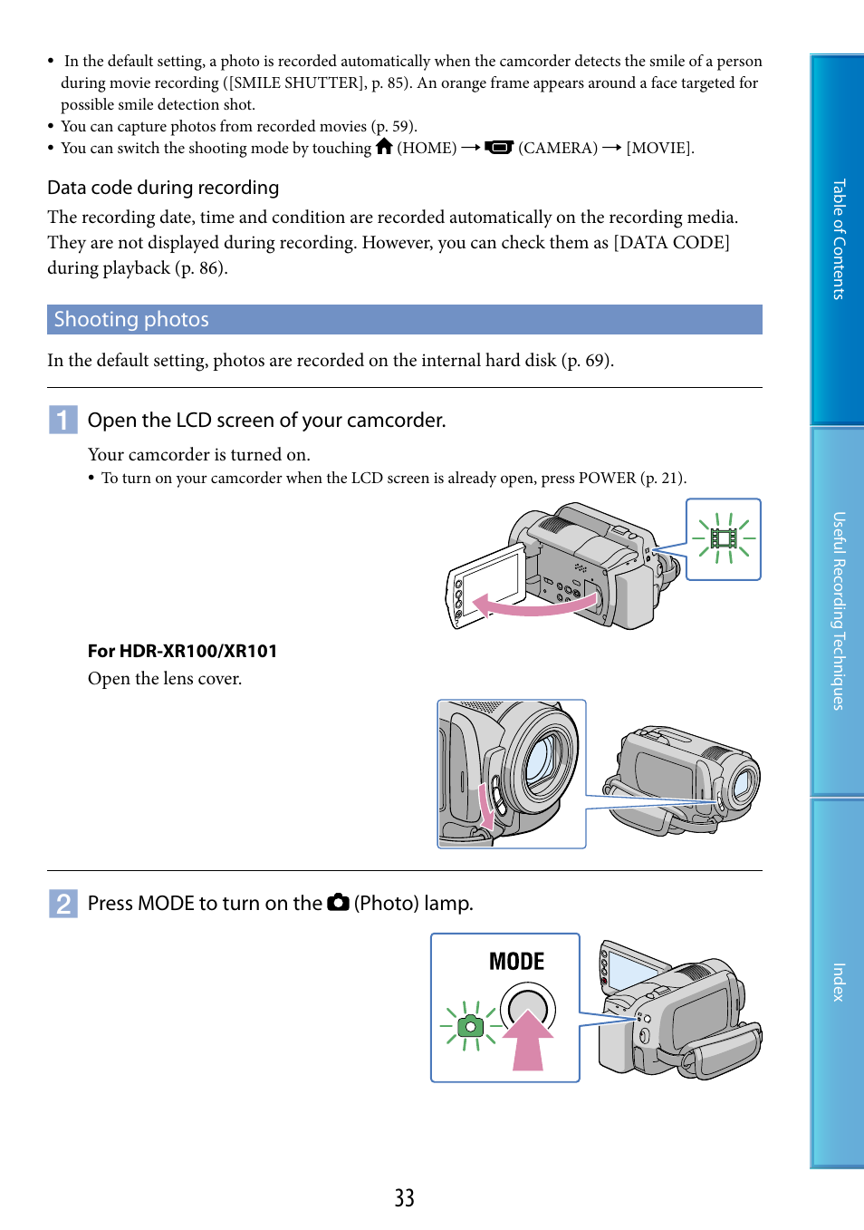 Shooting photos | Sony HDR-XR200V User Manual | Page 33 / 133