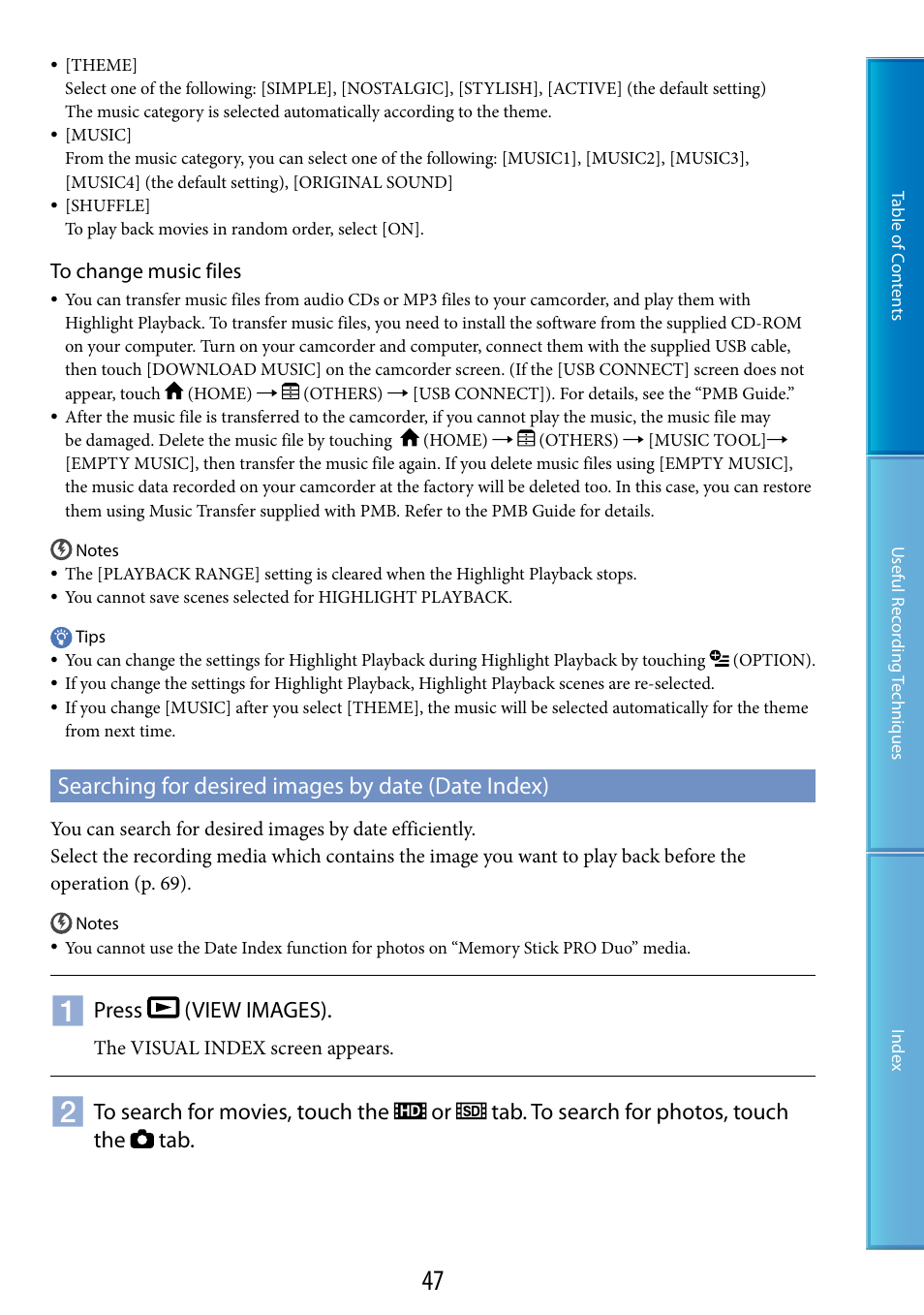 Searching for desired images by date (date index), Press (view images) | Sony HDR-XR200V User Manual | Page 47 / 133