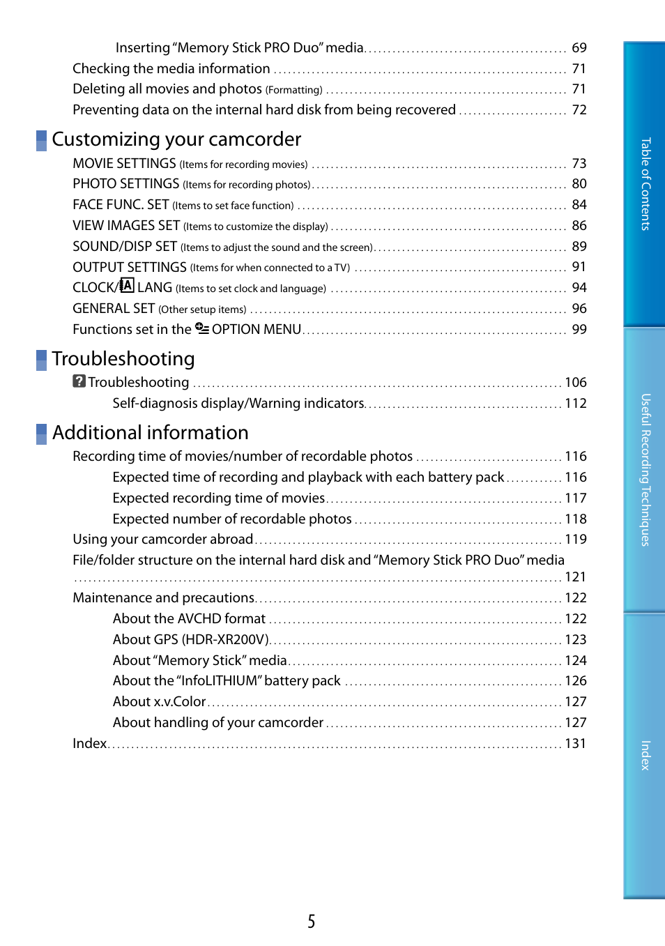 Customizing your camcorder, Troubleshooting, Additional information | Sony HDR-XR200V User Manual | Page 5 / 133