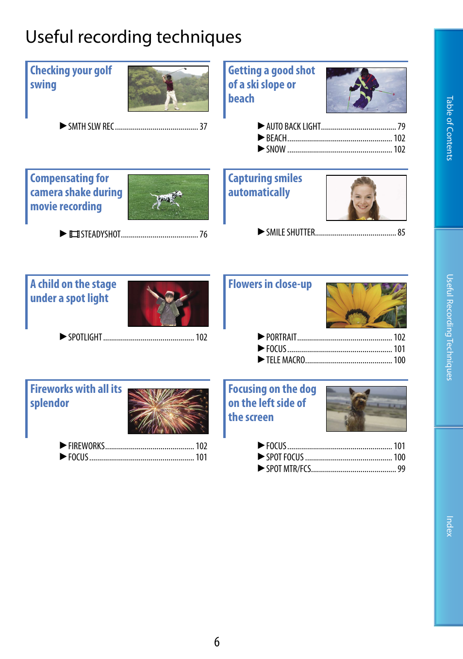 Useful recording techniques | Sony HDR-XR200V User Manual | Page 6 / 133
